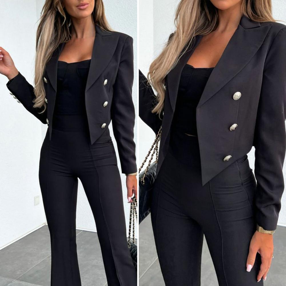 Stylish Women's Blazer with Double-Breasted Placket Lapel Short Solid Color Suit Jacket for Office Ladies Fashion