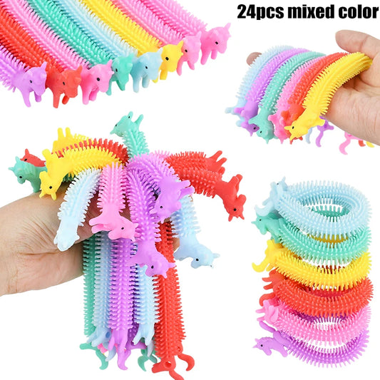 6-24pcs Funny Unicorn Pull Worm Stretch String TPR Rope Children Anti Stress Fidget Toys Birthday Party Favors Gifts for guests