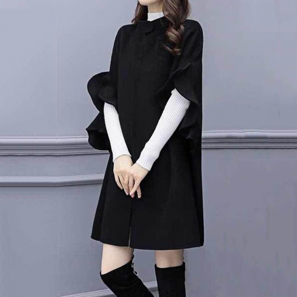 Women Winter Coat Solid Color Formal Elegant Big Hem Midi Length Long Sleeves Cardigan Stand Collar Lady Cloak Coat for Dating