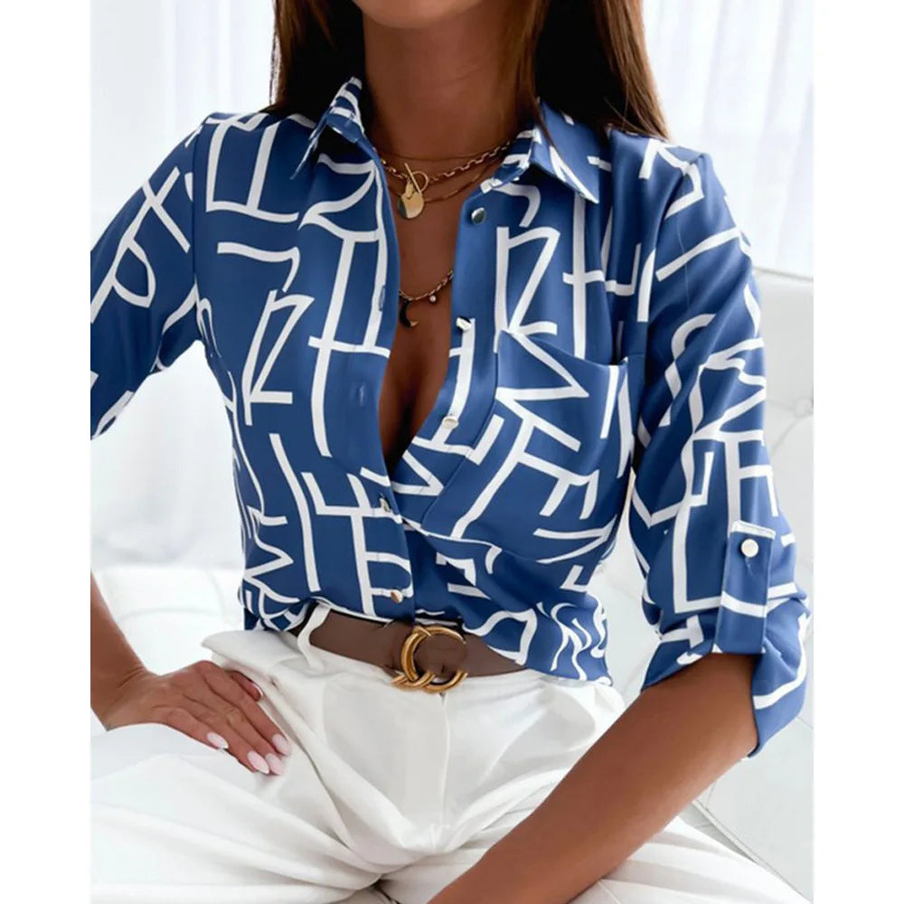 Fashion Long Sleeve Shirt Blouse Women Office Elegant Button Pocket Top Casual