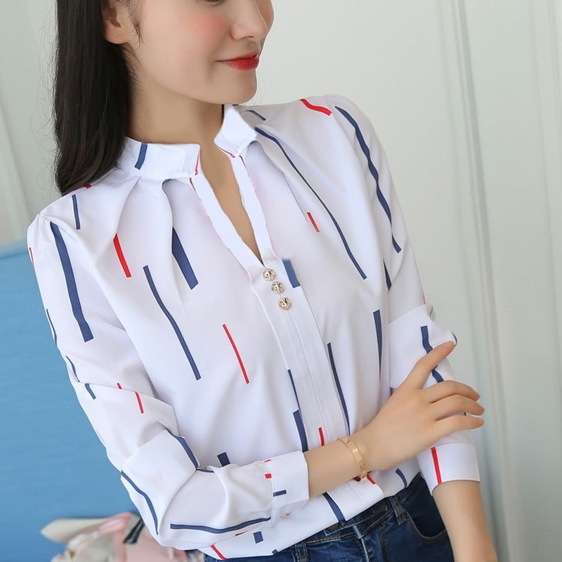 Women White Tops and Blouses Fashion Stripe Print Casual Long Sleeve Office Lady Work Shirts Female Slim Blouses