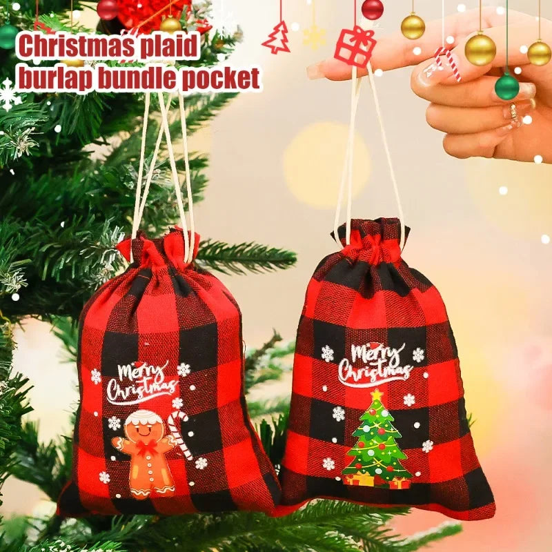 Christmas Burlap Bag Linen Xmas Gift Packaging Bags Santa Claus Snowman Drawstring Pocket Pouch Kids Favors Wrapping Box