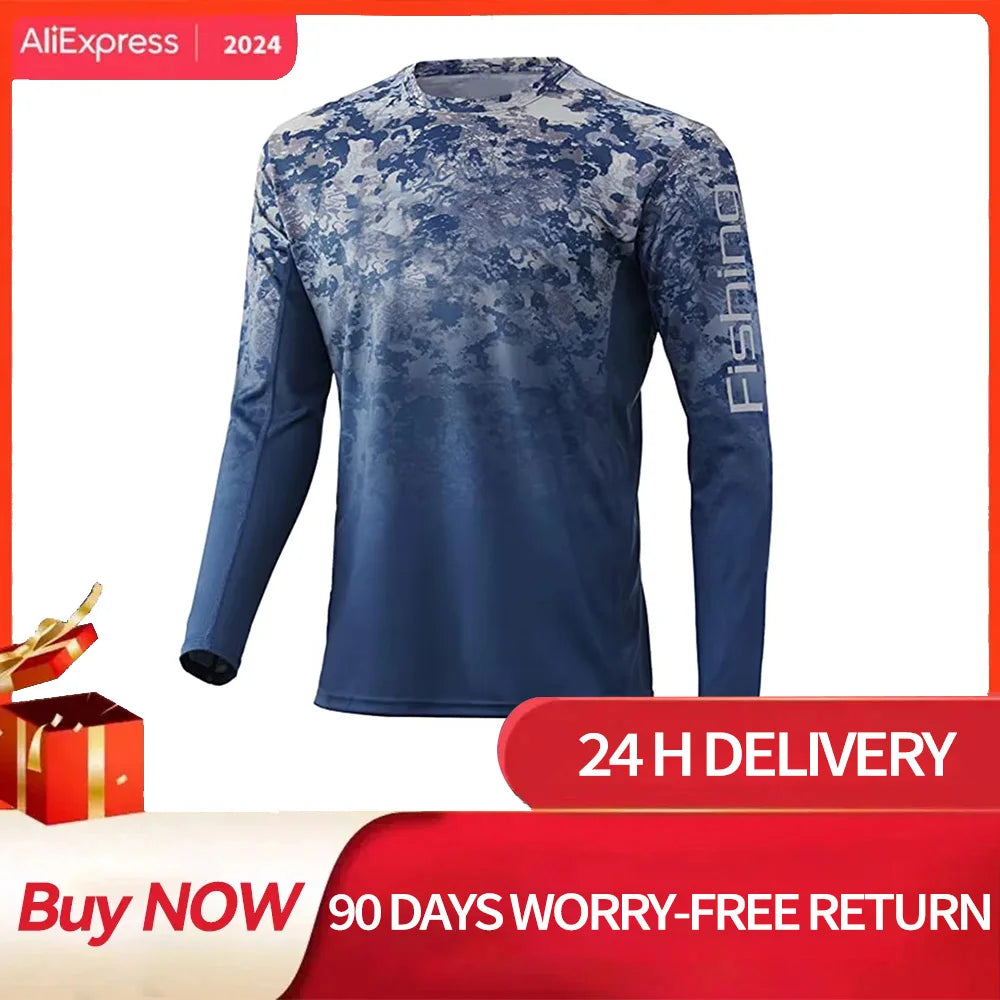 Men's Loose Fishing T-shirt Breathable River Bluff Long-sleeved Shirt UV Protection Outdoor Sports Crewneck Tops