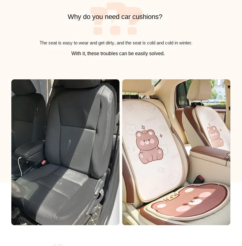 2024 Cartoon Bear Car Seat Cushion Full Set Soft Plush Cute Seat Cushion Cover Fashion Decoration Interior Accessories Universal