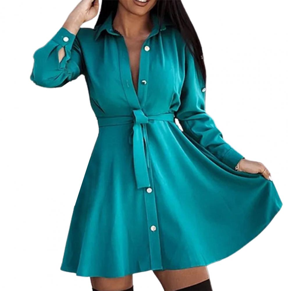 Elegant White Mini Shirt Dress Woman Autumn Long Sleeve Office Ladies Dresses Belt Casual Black Button Lace Up A-line Robe Femme