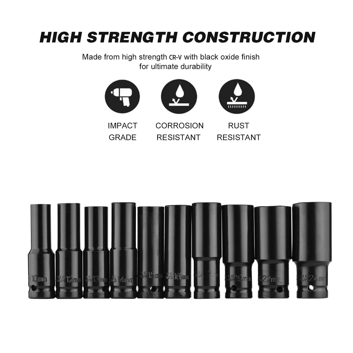 10pcs 1/2" Drive Metric Impact Socket Set Universal Socket Metric Drive Deep Socket Set Wrench for Air Pneumatic Repair Tools