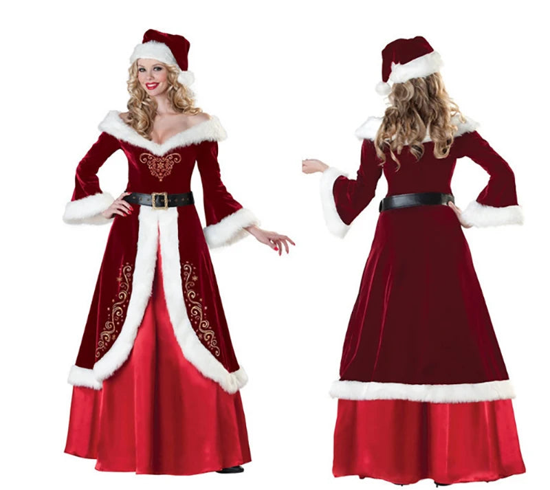 Christmas Santa Claus Costume Red Velvet Lady Elegant Long Dress Xmas For Man Woman