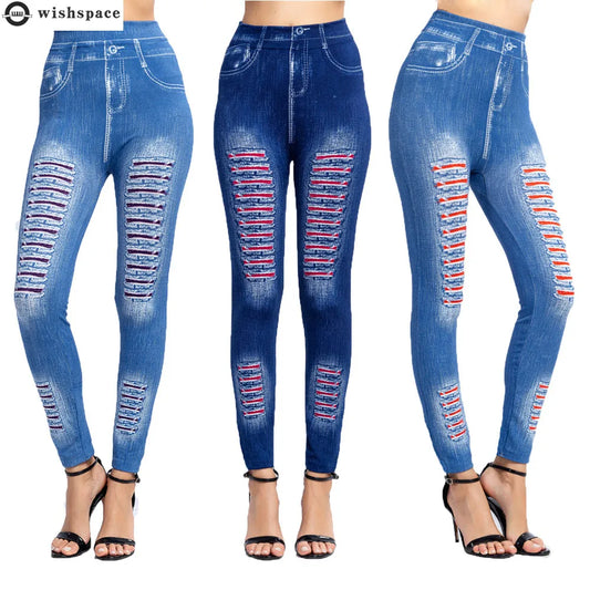 Fashion Stripe Printed Imitation Denim Leggings for Women's Elastic Slim Denim Trousers