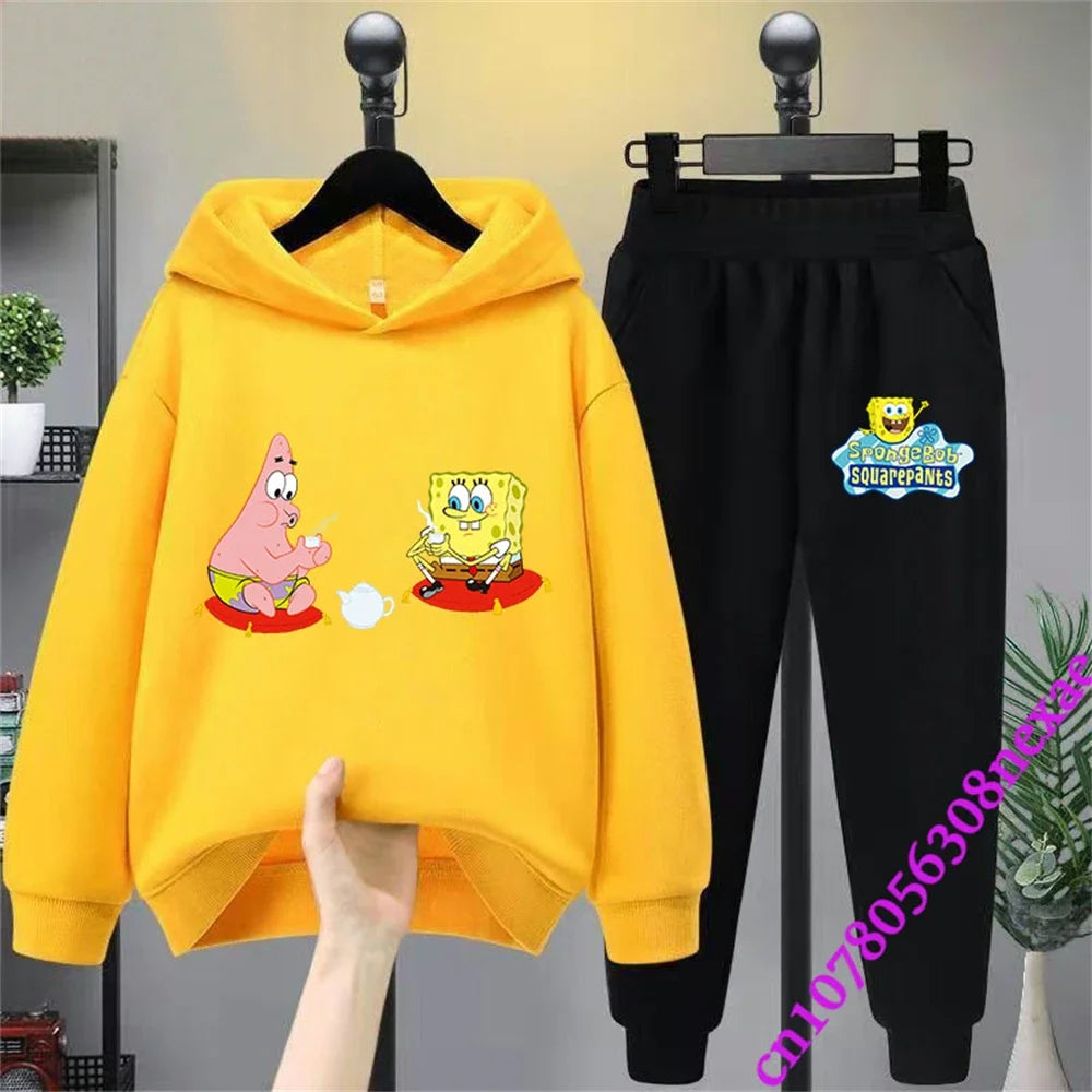 SpongeBob Children's Clothing Boys And Girls Sweater Suit 2 Pieces Cartoon Print Sweater Sportswear Trousers