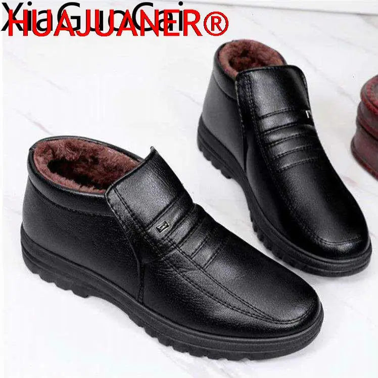 Waterproof Men's Casual Leather Shoes Flannel High Top Slip-on Male Casual Shoes Rubber Warm Winter Shoes for Mens