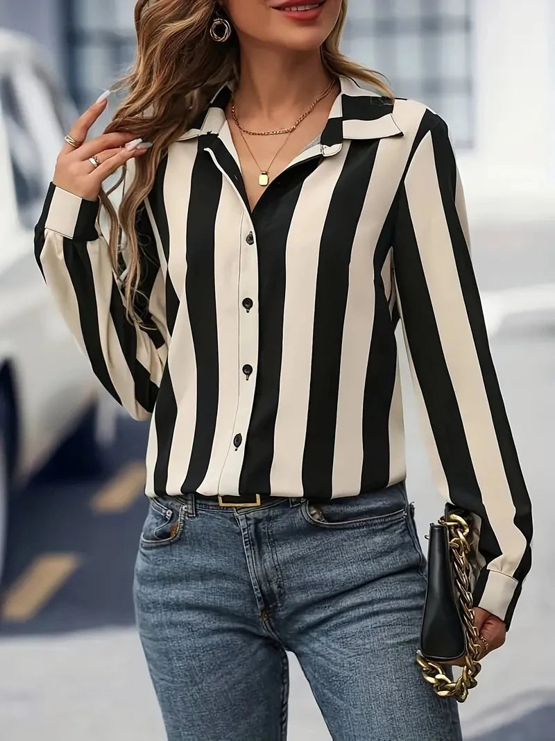 Fashion Women's Shirts & Blouses, Elegance Striped Print Shirt,2024 Spring & Summer Large Size Female Clothing Blouse Tops