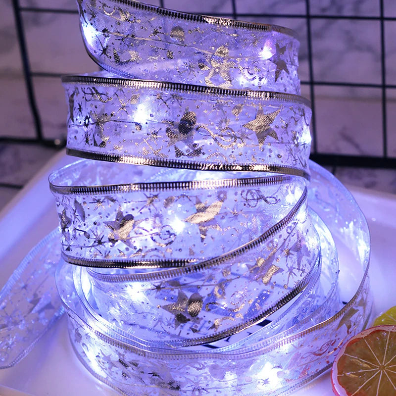 Christmas Decoration LED Ribbon Fairy Lights Christmas Tree Ornaments for Home 2023 DIY Bows Light String Navidad New Year 2024