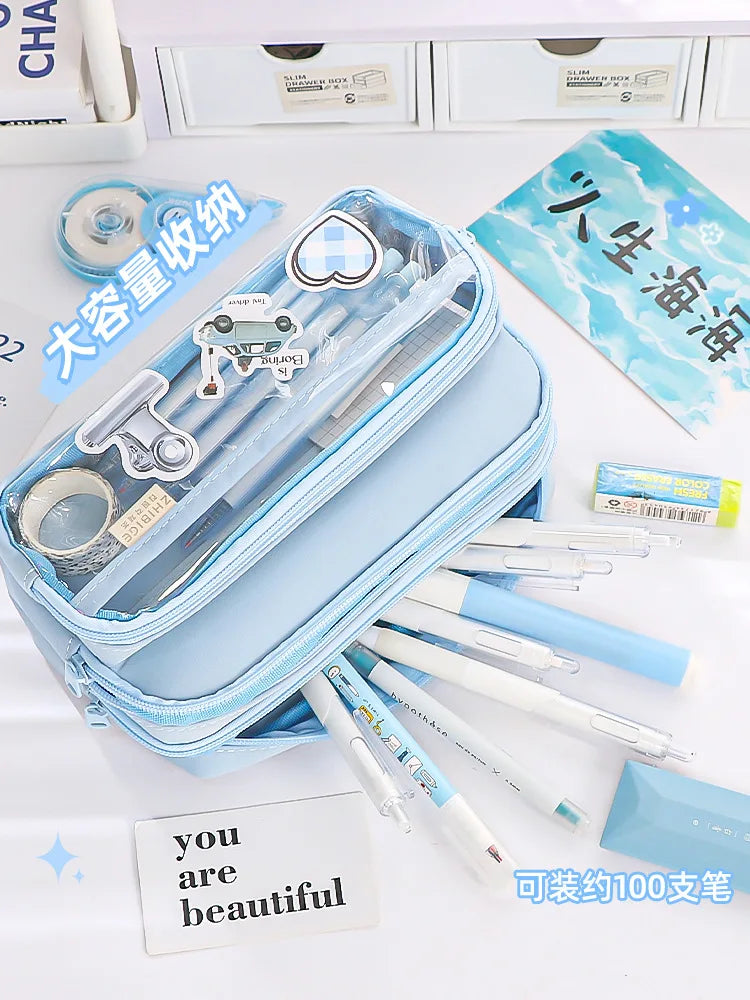 Chic Solid Color Pencil Case Korean Simplicity Transparent Pen Pouch Large Capacity Stationery Organizer Bag School Supplies