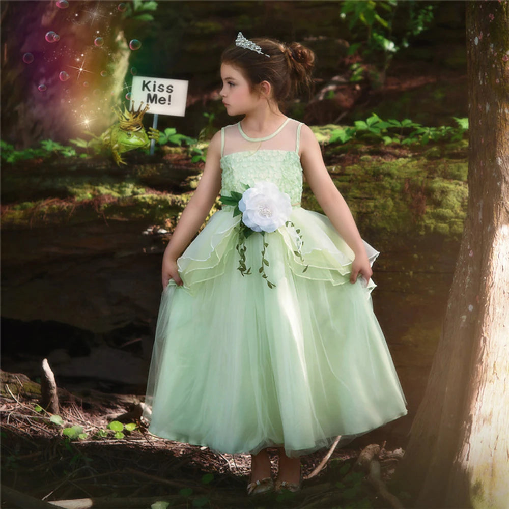 Halloween Children Tiana Cosplay Costume Girls Party Green Tulle Gowns Flower Princess Dresses