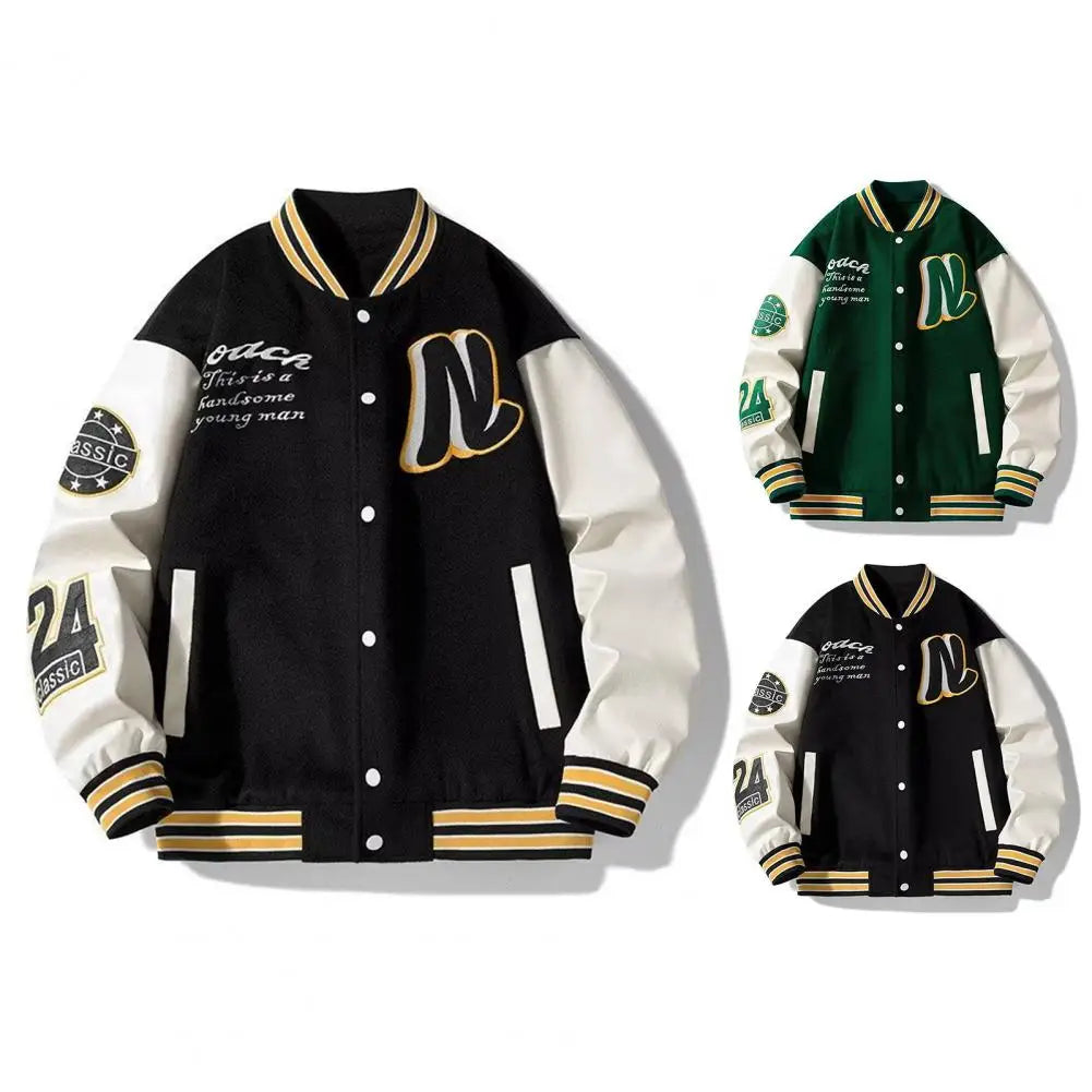 Men Baseball Jacket Men's Stand Collar Striped Letter Pattern Cardigan Baseball Coat