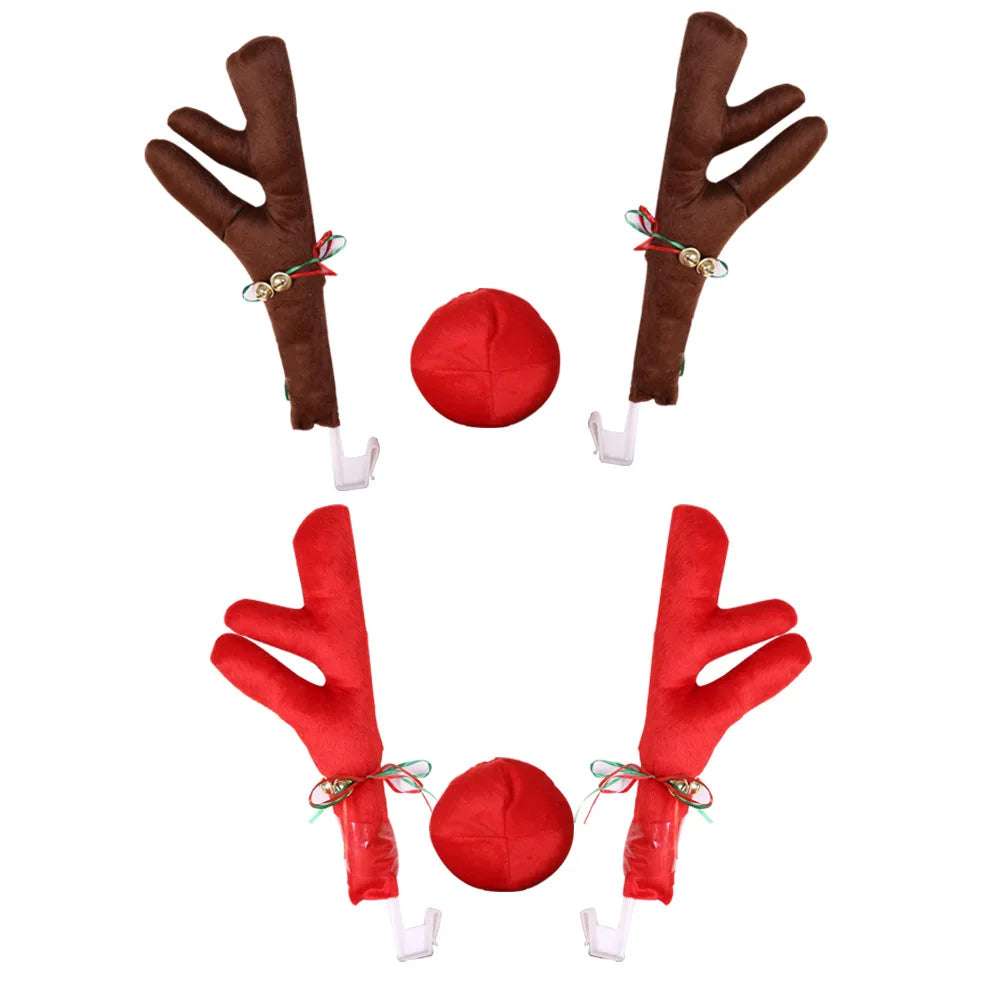 Christmas Reindeer Car Vehicle Nose Horn Costume Set Rudolf Xmas Reindeer Antlers Red Nose Ornaments Elk Car Decoration Kit