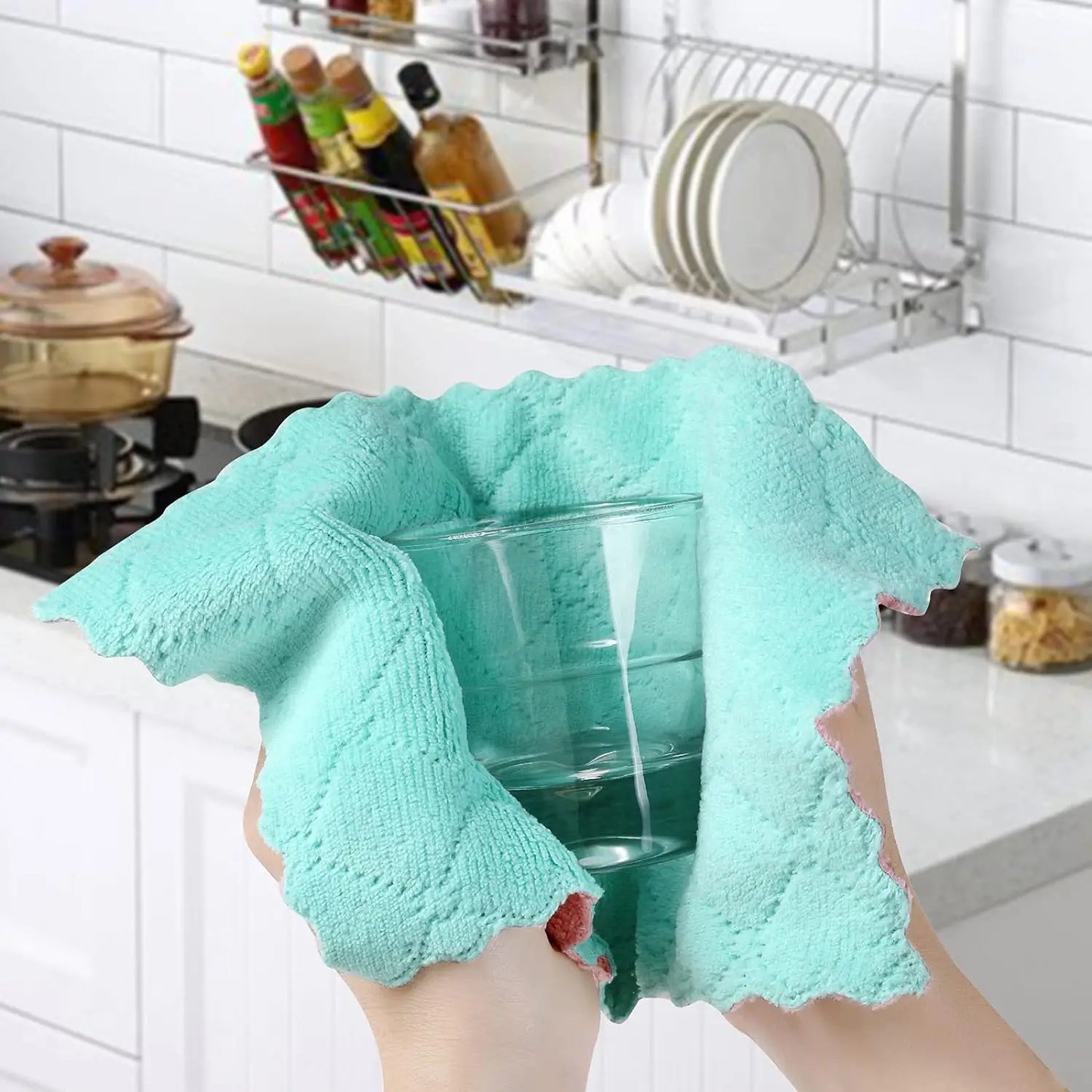 5/10pcs Kitchen Dishcloth Coral Velvet Towel Super Absorbent Wave Design Wipe Nonstick Oil Microfibre Thickened Rags Fast Drying