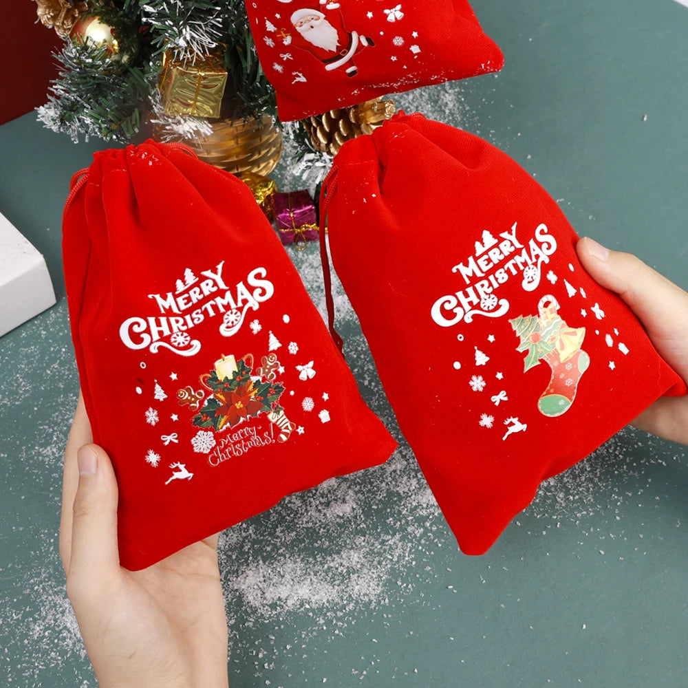 10/1Pcs Red Christmas Velvet Bags Drawstring Santa Gift Pouch Candy Snack Wrapping Bag Christmas Wedding Party Favors Decoration