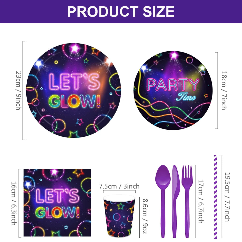 Glow Party Tablecloth Napkins Cups Plates Banner Neon Latex Balloons for Glow Birthday Party Disco Wedding Decoration Supplies