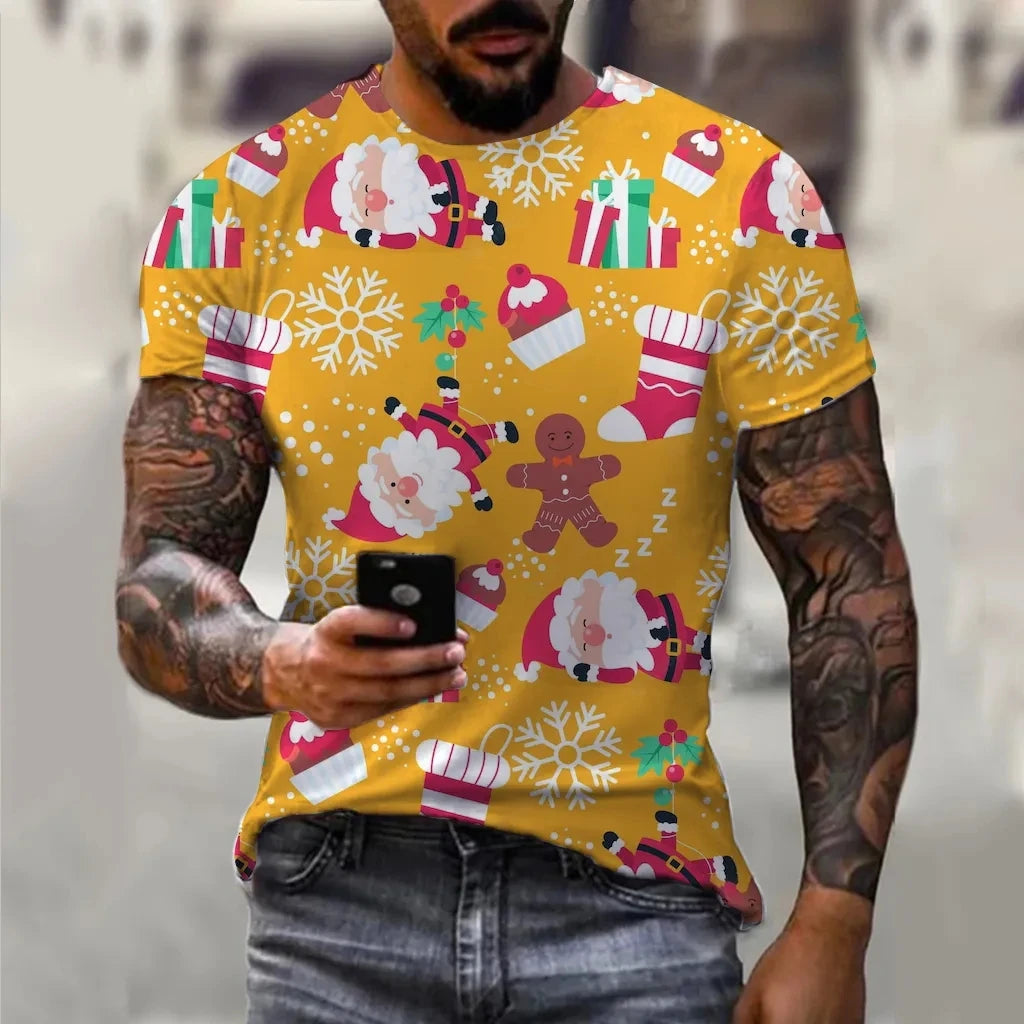 Men's Christmas Elf Santa Claus Printed T-shirt Fashion Trend Round Neck Loose Street Party Men's Round