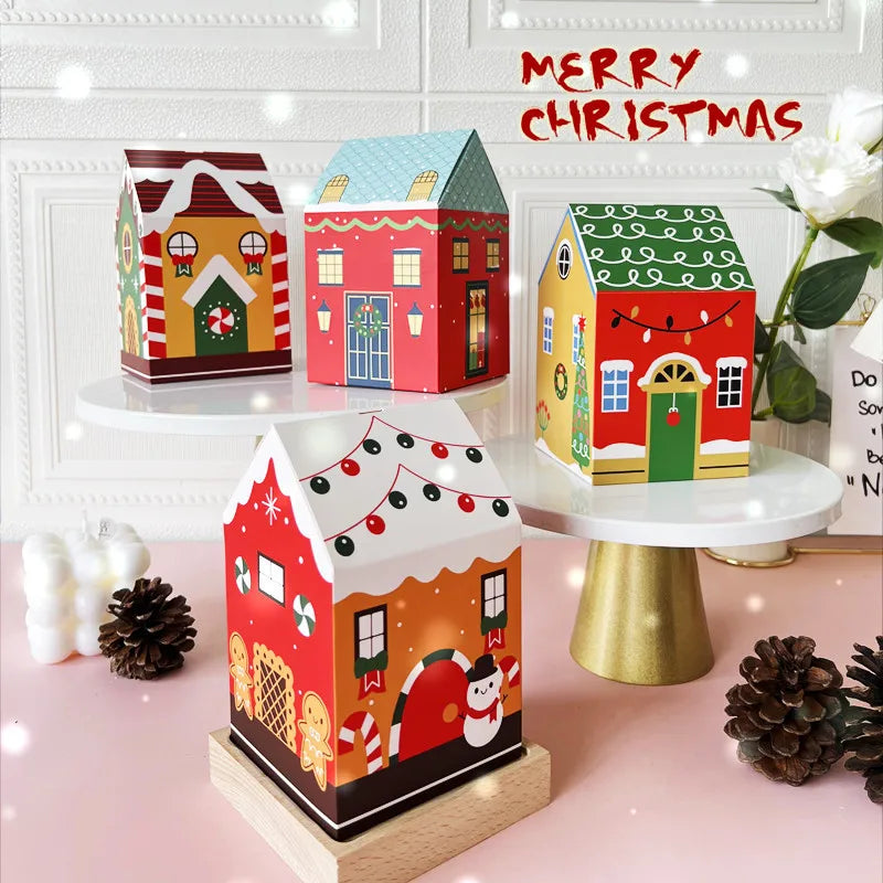 4pcs Christmas House Shape Candy Box Cartoon Merry Christmas Gift Packaging Chocolate Box Navidad 2024 New Year Party Kids Gifts