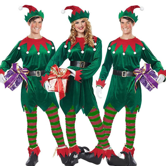 Christmas Elf Costume for Girls Boys Men Women Couple Green Elf Cosplay Xmas Elf Carnival Party New Year Fancy Outfit