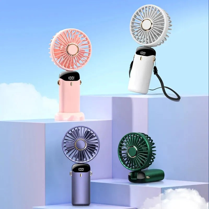 Mini Fan Foldable Portable Neck Hanging Fans 5 Speed Rechargeable Fan with Phone Stand and Display Screen USB Handheld