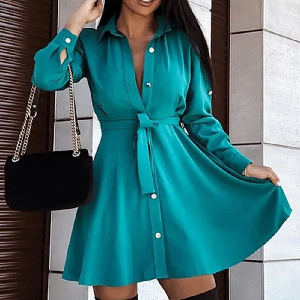 Elegant White Mini Shirt Dress Woman Autumn Long Sleeve Office Ladies Dresses Belt Casual Black Button Lace Up A-line Robe Femme