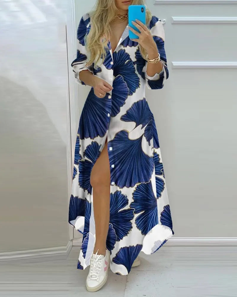 Women Boho Printed Long Shirts Dress Summer Turn-down Collar Long Sleeve Party Dress Female Casual Evening Maxi Dresses Vestidos