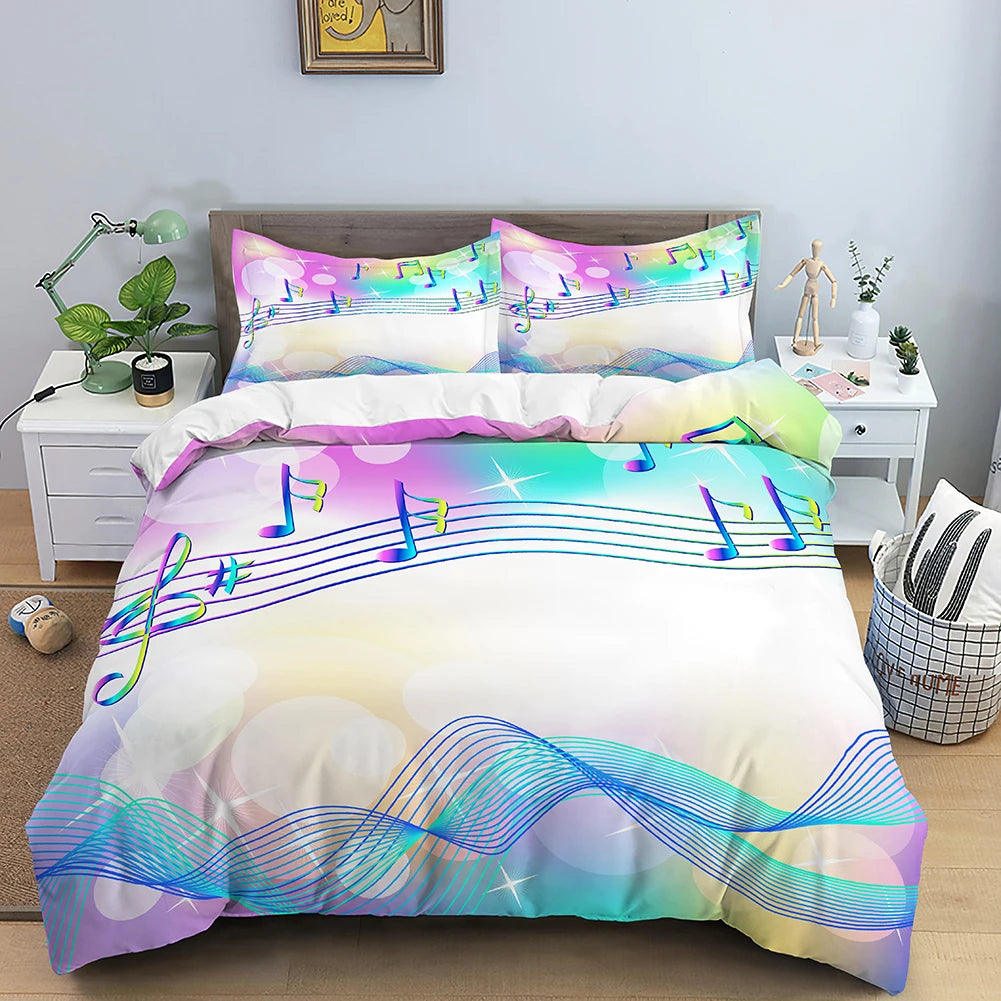 Beautiful Musical Note Bed Sheet Cover Set 3pcs Music Theme Quilt Cover King/Queen Size With Pillowcase Fashionable Psychedelic Soft Duvet Cover