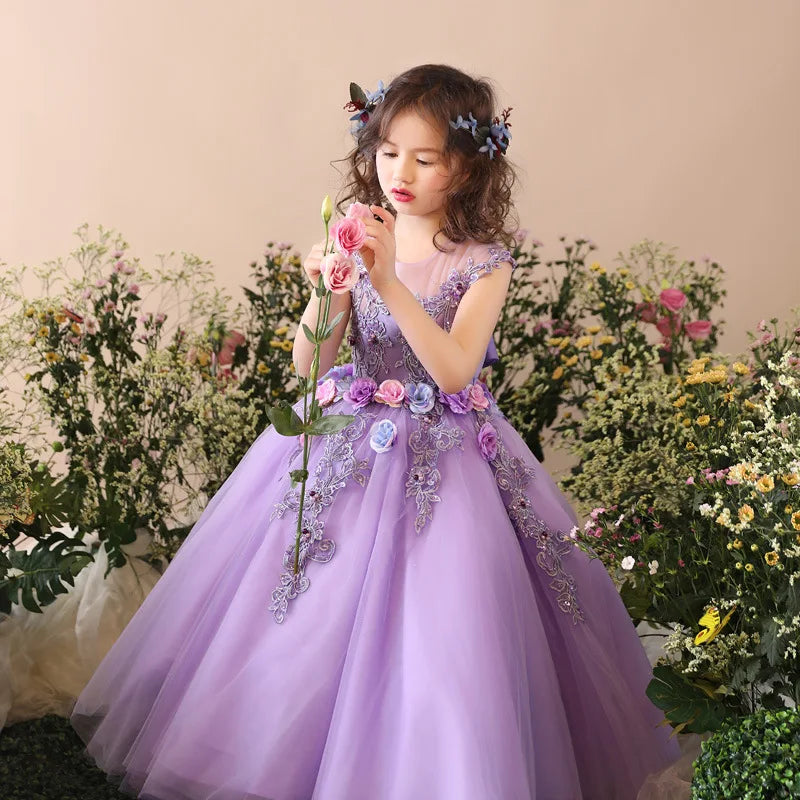 Girls Prom Elegant Dress Tulle robe de Princess Tutu Piano Costume Purple Birthday Party