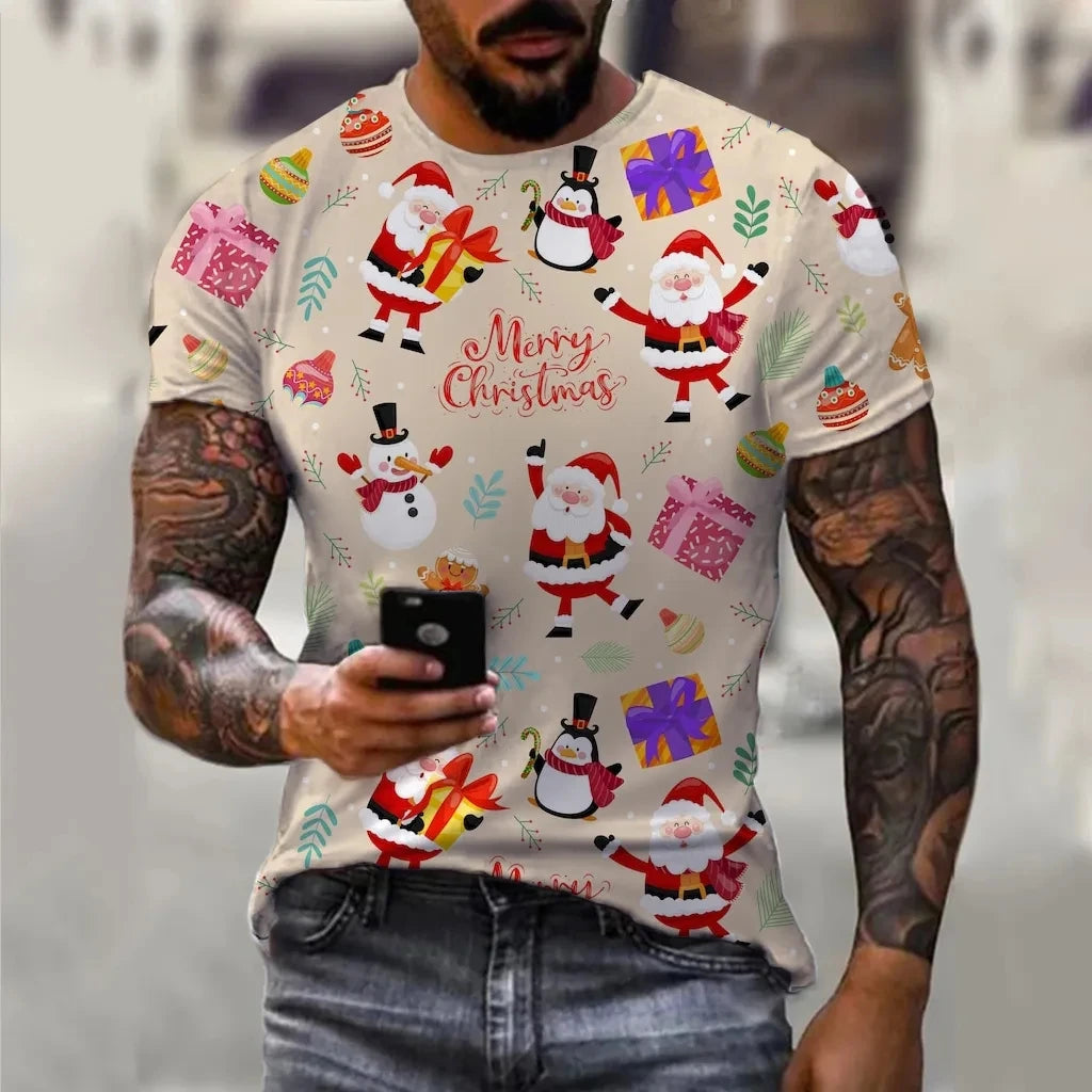 Hip Hop Men's Christmas Elf Santa Claus Printed T-shirt Fashion Trend Round Neck Loose Street