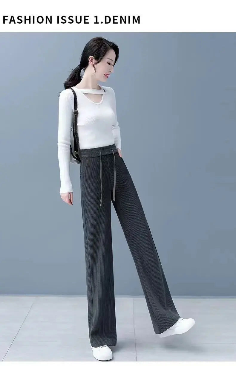 Elastic Waist Loose Casual Wide Leg Corduroy Pants Female Add Velvet Fashion All-match Trousers Women's Clothing