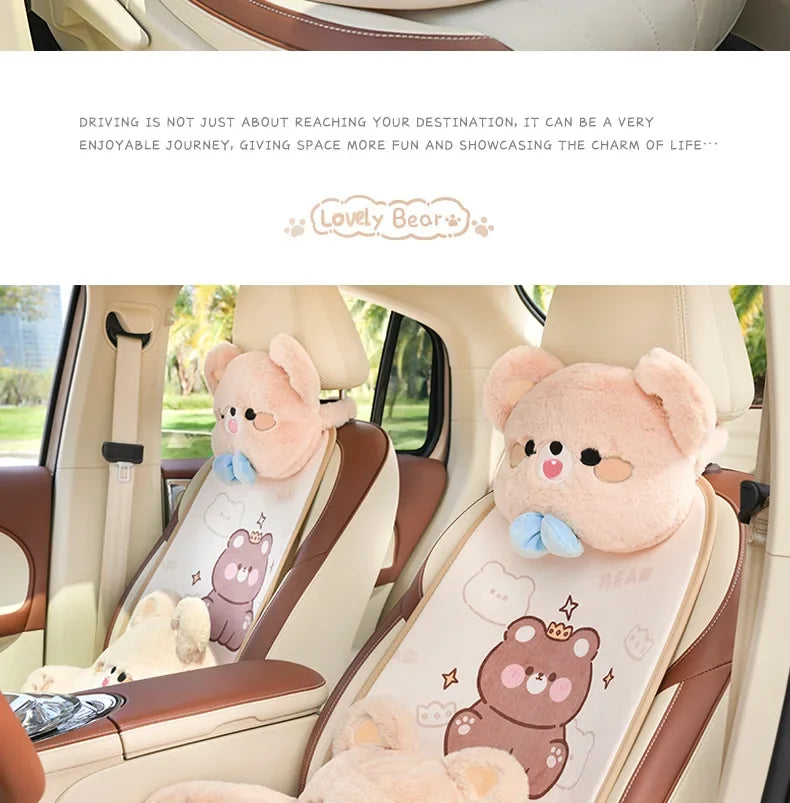 2024 Cartoon Bear Car Seat Cushion Full Set Soft Plush Cute Seat Cushion Cover Fashion Decoration Interior Accessories Universal