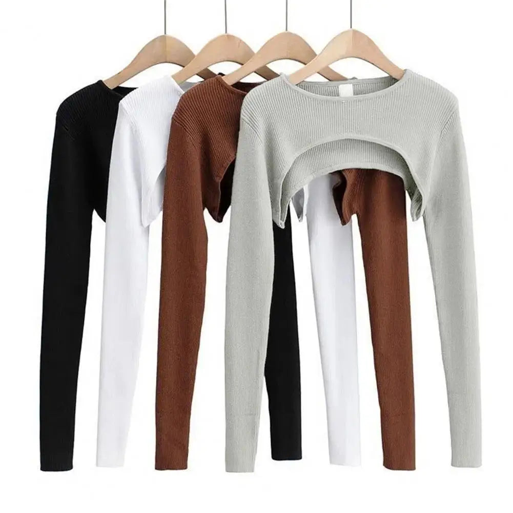 Women Long Sleeve Crop Top Blouse Round Neck Women T-shirt Stylish Women's Crop Top Set Elastic Knitted T-shirt Matching Coverup Top