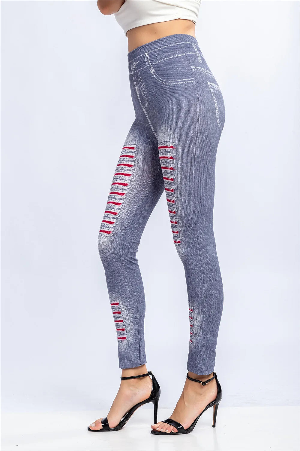 Fashion Stripe Printed Imitation Denim Leggings for Women's Elastic Slim Denim Trousers