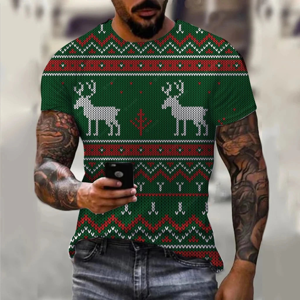 Men's Christmas Elf Santa Claus Printed T-shirt Fashion Trend Round Neck Loose Street Party Men's Round