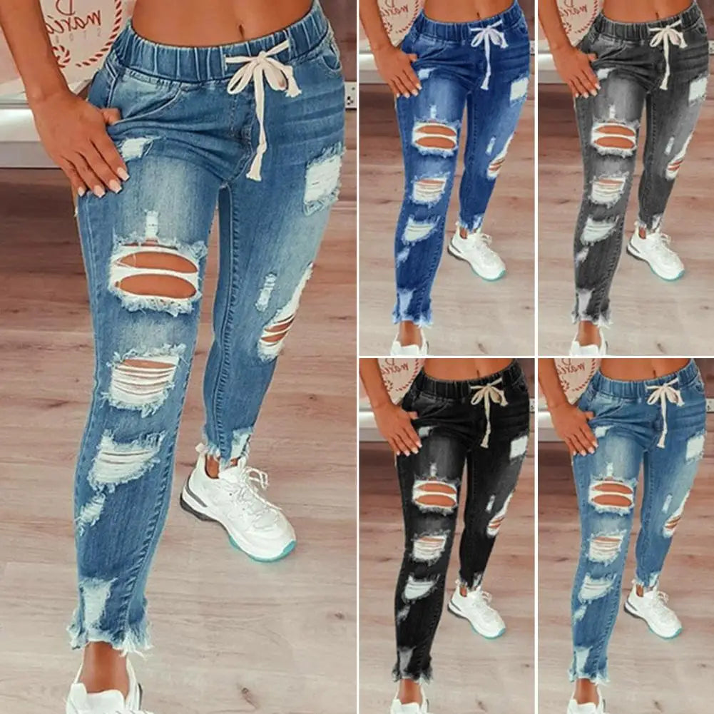 Pencil Jeans Streetwear Women Jeans Elastic Waist Denim Pants