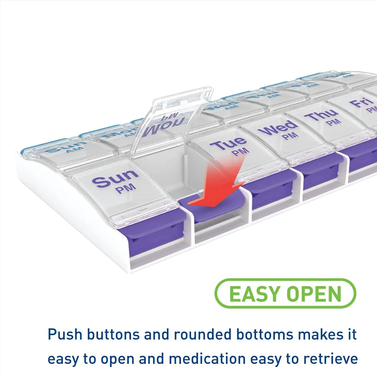 Push Button (7-Day) Pill Box Medicine Case Vitamin Organizer Weekly 2 Times a Day AM/PM Large Compartments Arthritis Friendly