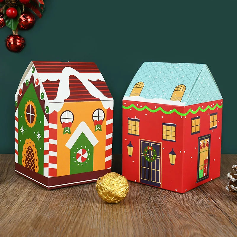 4pcs Christmas House Shape Candy Box Cartoon Merry Christmas Gift Packaging Chocolate Box Navidad 2024 New Year Party Kids Gifts