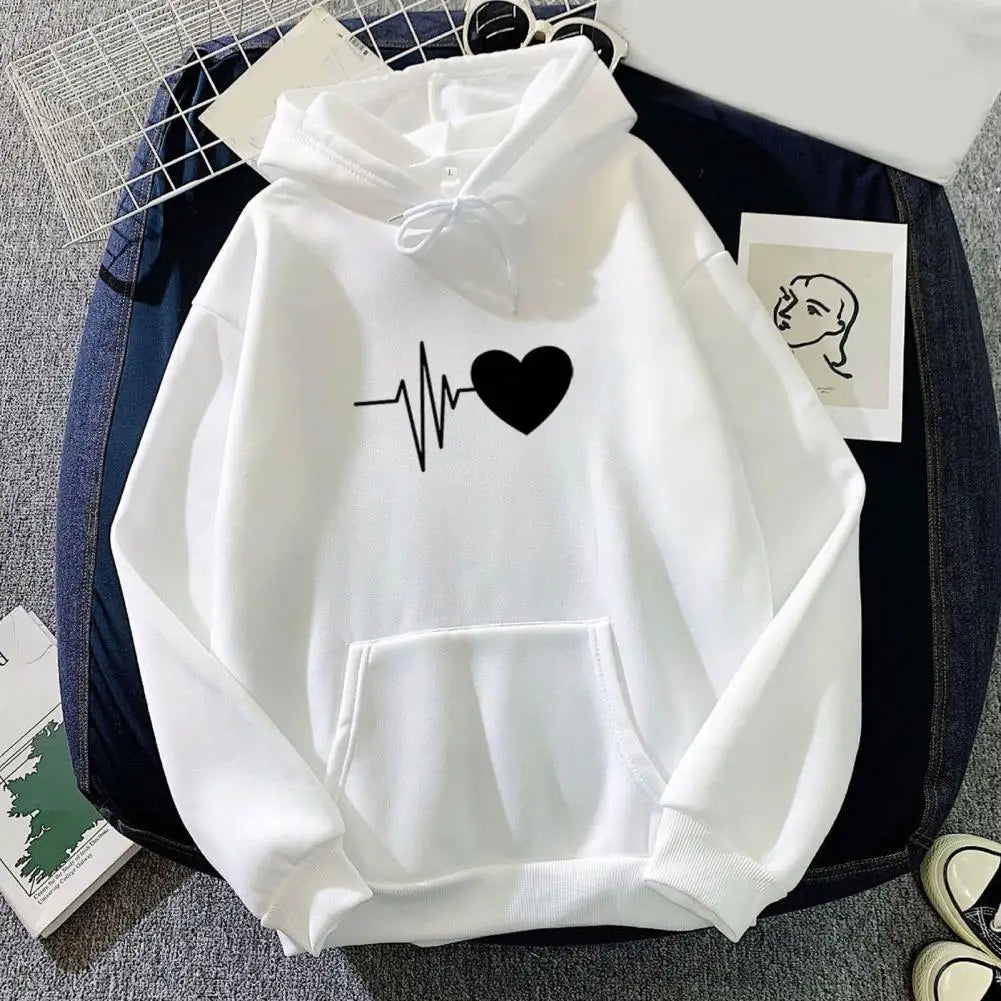 New Arrival Women Hoodie Drawstring Warm Pullover Heart Print Spring Hoodie