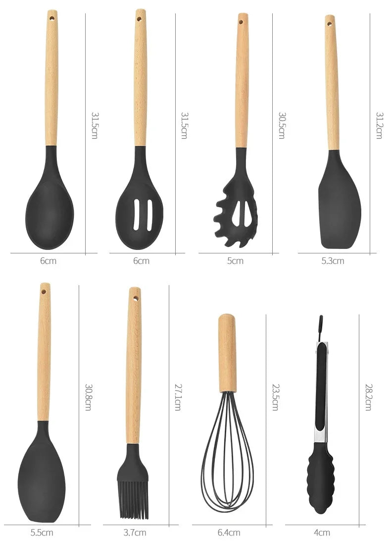 12PCS Silicone Kitchenware Non-Stick Cookware Kitchen Utensils Set Spatula Shovel Egg Beaters Wooden Handle Cooking Tool Set