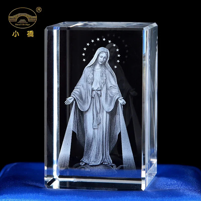 3D K9 Crystal Cube Christian Jesus Cross Figurine Home Decor Virgin Mary Laser Engrave Crystal Religious gifts for women's birth