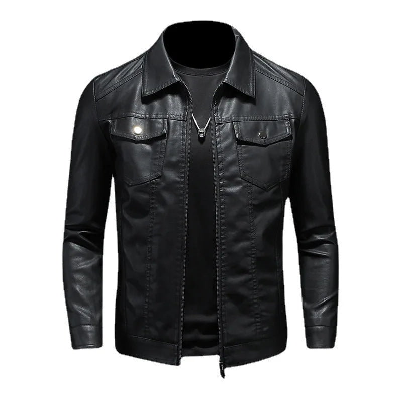 Men's Motorcycle Leather Jacket Large Size Pocket Black Zipper Lapel Korean Slim Fit Male High Quality PU Leather Coat for Men