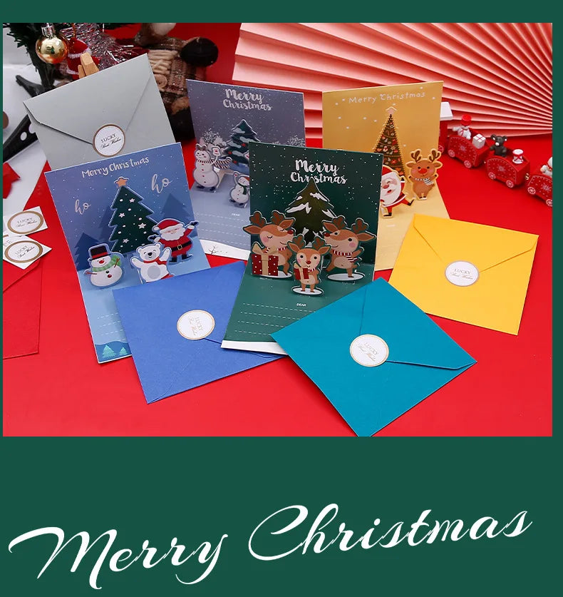 3D Pop Up Cartoon Christmas Card Merry Christmas Greeting Card Handwritten Blessing Invitation Cards Thanksgiving New Year Gifts