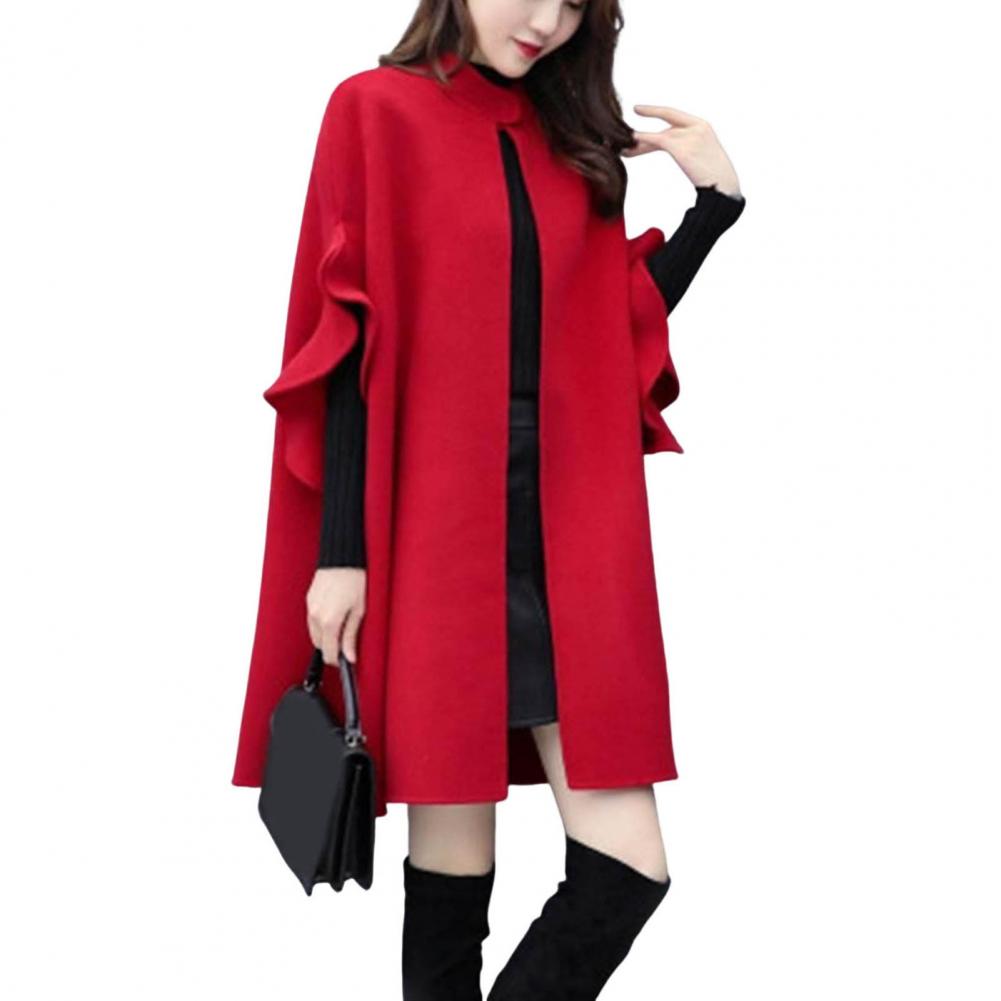 Women Winter Coat Solid Color Formal Elegant Big Hem Midi Length Long Sleeves Cardigan Stand Collar Lady Cloak Coat for Dating