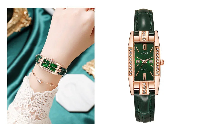 Women Fashion Quartz Watch Bracelet Set Green Dial Luxury Women Watches Simple Rose Gold Mesh Ladies Watch