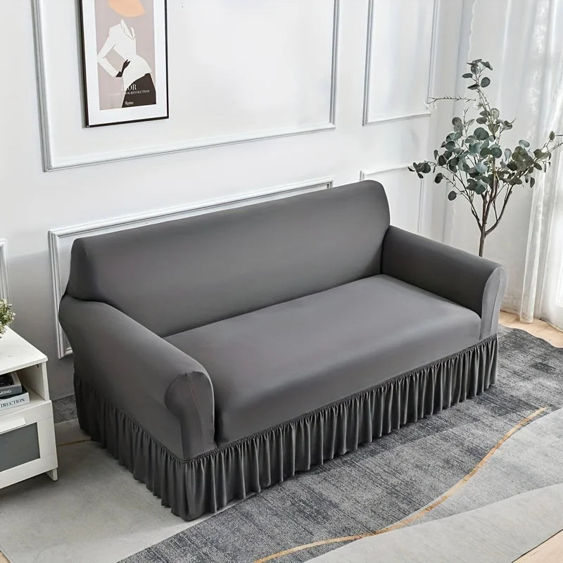 Non-slip Sofa Cover with Skirt Solid Color Couch Cover for Bedroom Office Living Room