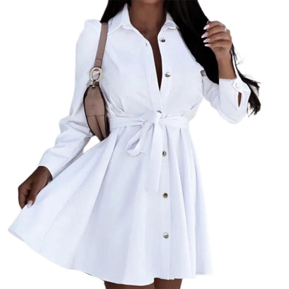 Elegant White Mini Shirt Dress Woman Autumn Long Sleeve Office Ladies Dresses Belt Casual Black Button Lace Up A-line Robe Femme