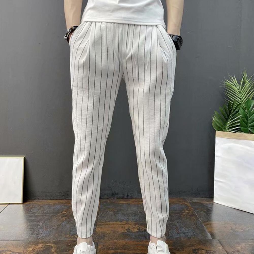 Men Harem Pants Striped Drawstring Elastic Waist Slim Fit Streetwear